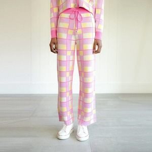 Olivia Rubin Womens Wide Leg High Rise Check Knitted Sweatpants Size XS Pink